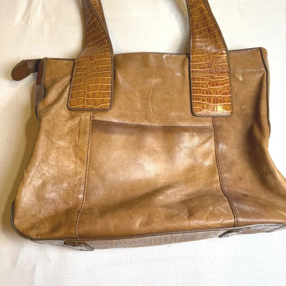 M.C. Vintage‎ Tan Leather Tote Bag Croc Embossed Shoulder Bag Cognac